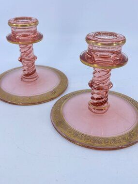 vintage pink depression glass candlestick holders with gold trim set of 2